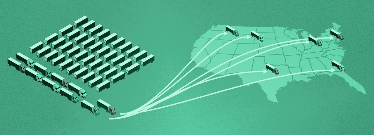 Illustration of trailers hauled by multiple power only carriers across the US